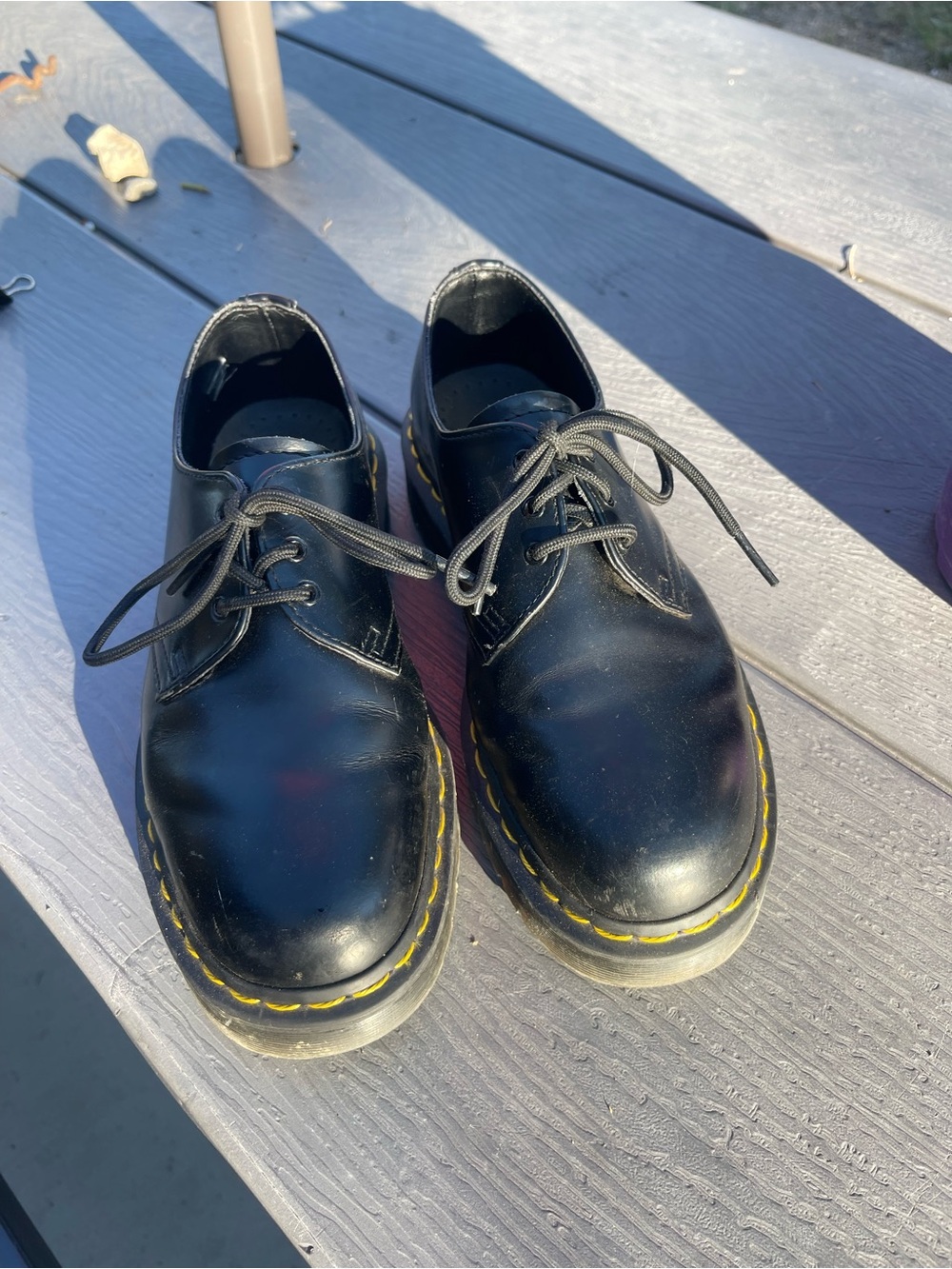 Black Leather Doc Martens Lace-Up Men's Shoes with Yellow Stitching